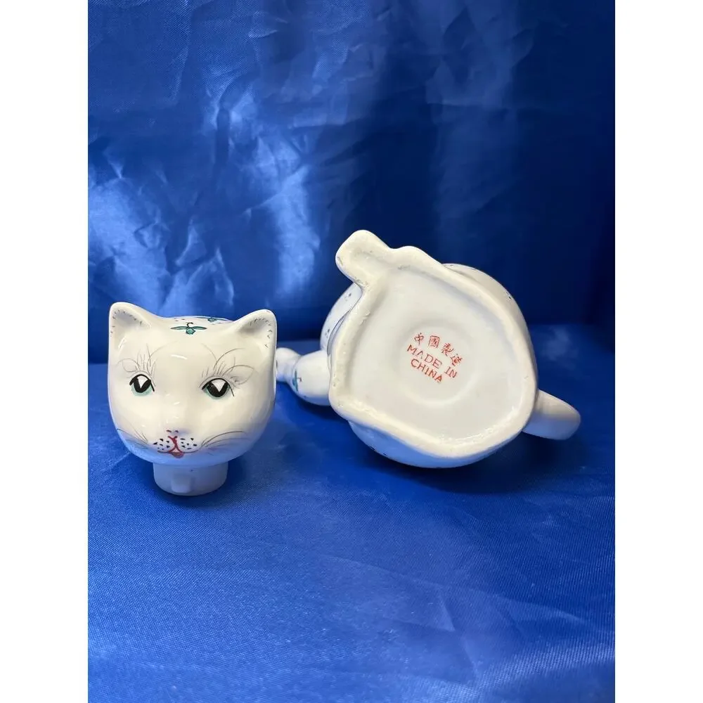 Vintage White Porcelain Cat Teapot Accented with Green Leaf Design